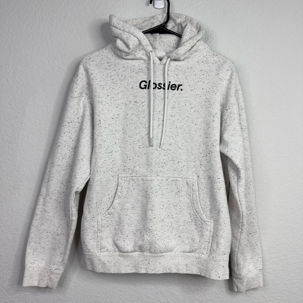 Glossier Sweatshirt Womens S White Speckle Hoodie Athleisure Lounge Workout Cozy